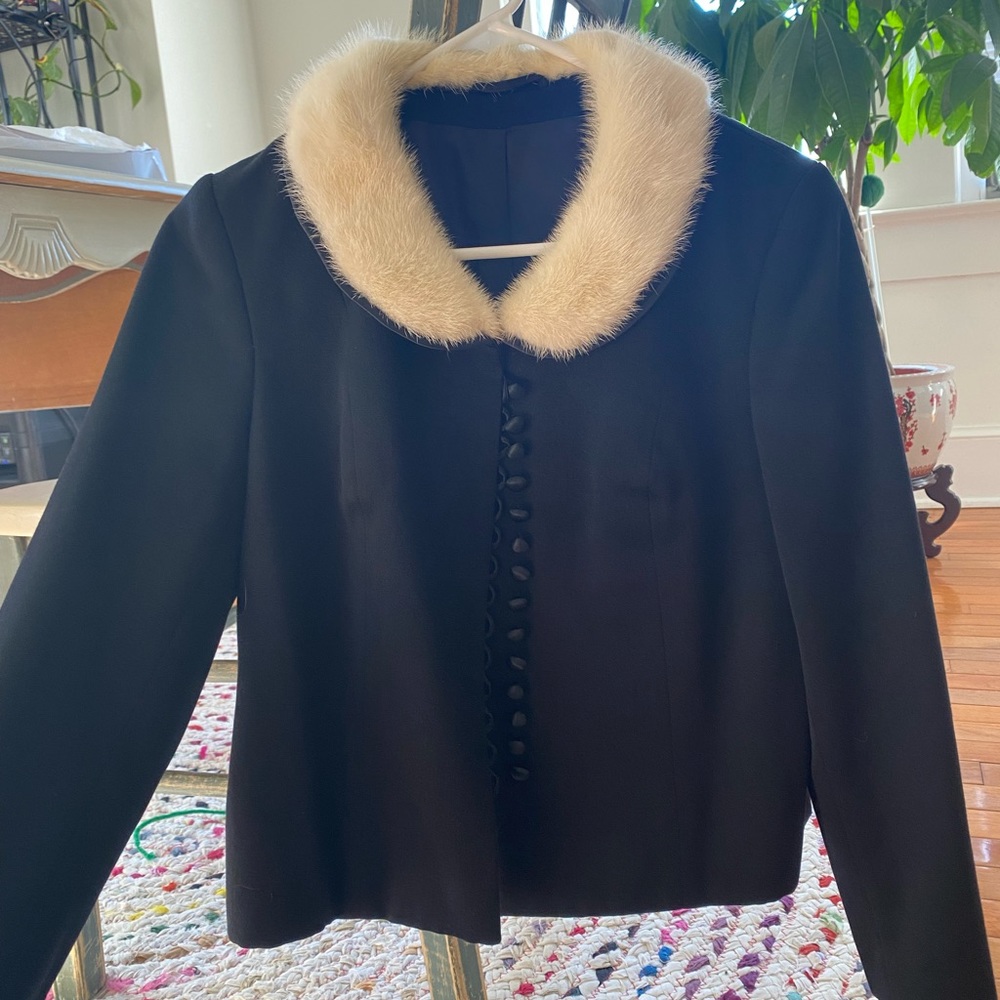 Vintage Real Fur Collar Jacket White Black Edwardian Buttons Christmas Coat
